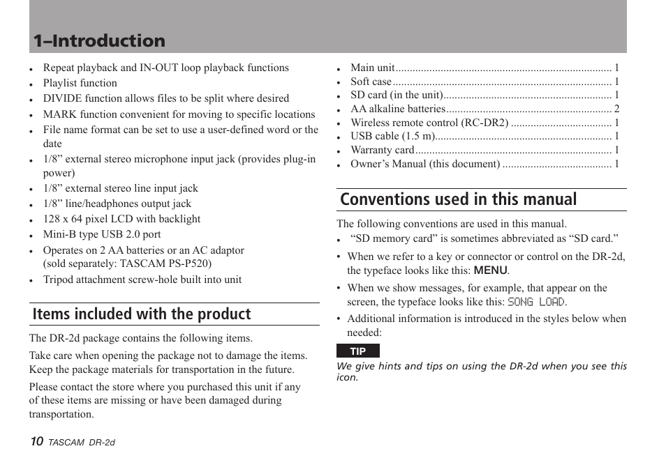 Items included with the product, Conventions used in this manual, 1–introduction | Teac DR-2D User Manual | Page 10 / 88