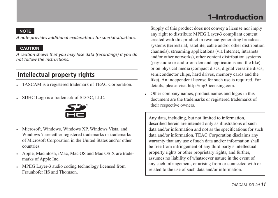 Intellectual property rights, 1–introduction | Teac DR-2D User Manual | Page 11 / 88