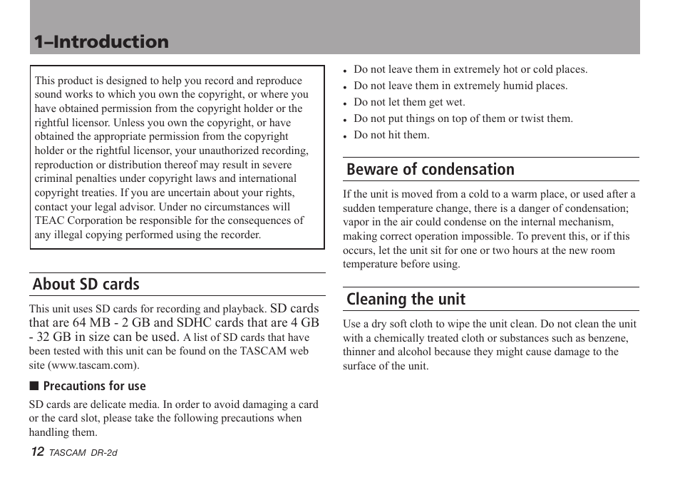 About sd cards, Beware of condensation, Cleaning the unit | 1–introduction | Teac DR-2D User Manual | Page 12 / 88