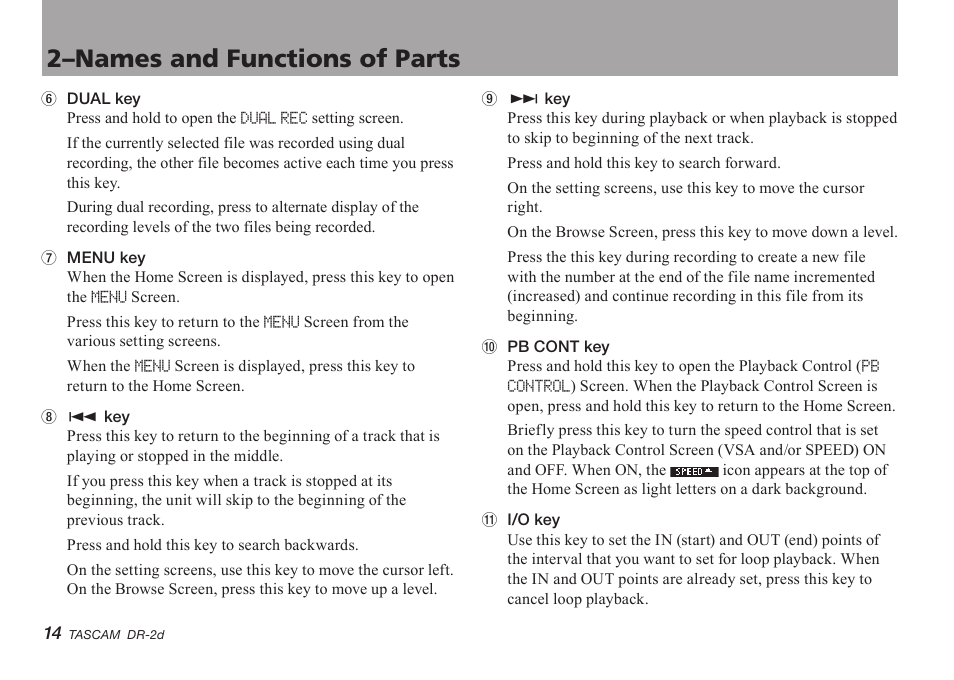 2–names and functions of parts | Teac DR-2D User Manual | Page 14 / 88