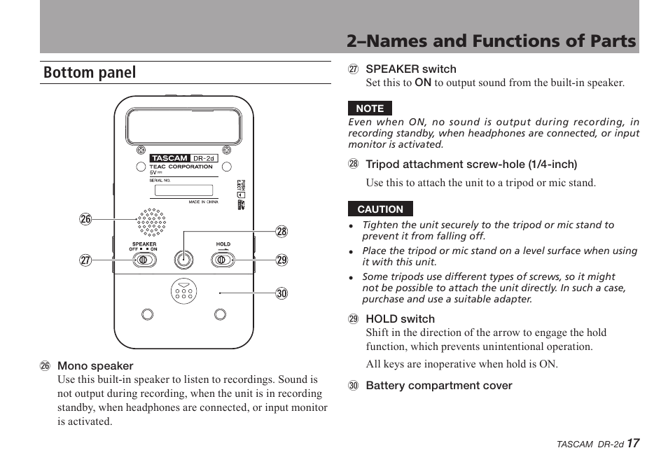 Bottom panel, 2–names and functions of parts | Teac DR-2D User Manual | Page 17 / 88