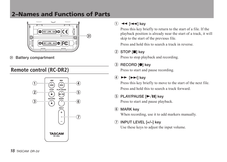 Remote control (rc-dr2), 2–names and functions of parts | Teac DR-2D User Manual | Page 18 / 88