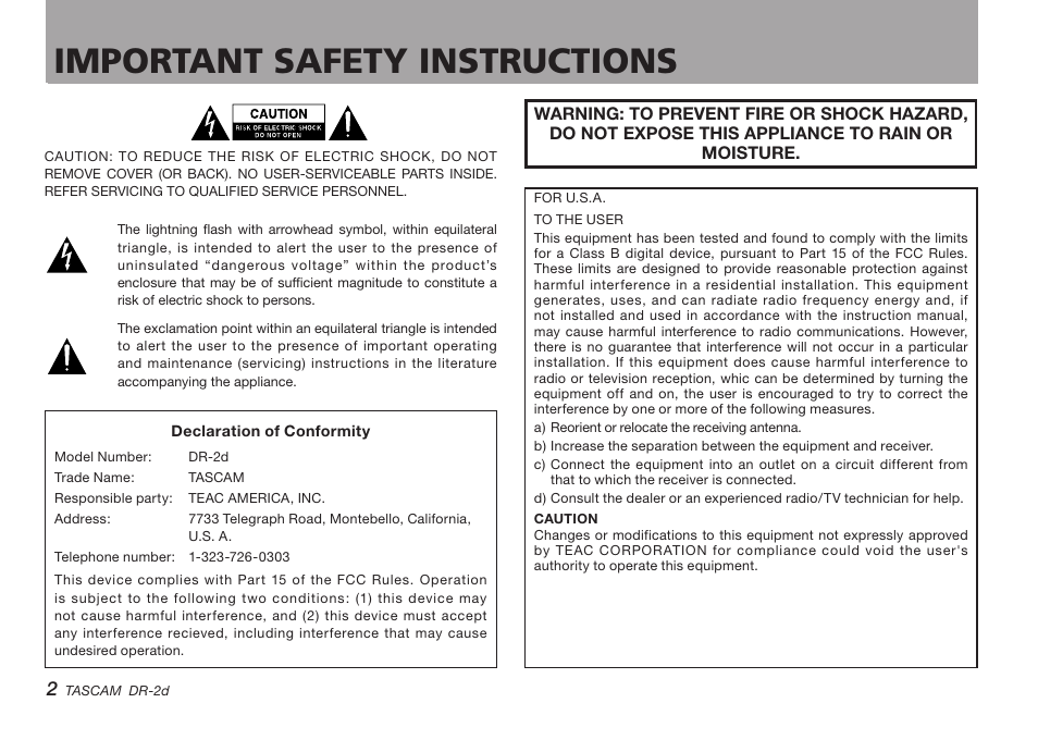 Important safety instructions | Teac DR-2D User Manual | Page 2 / 88