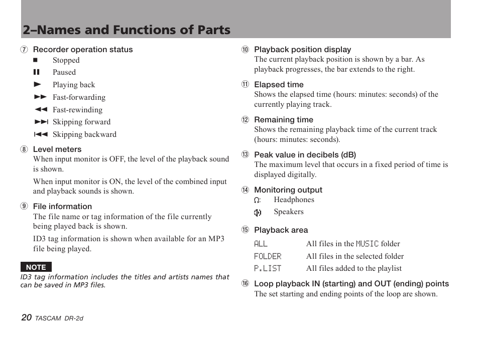 2–names and functions of parts | Teac DR-2D User Manual | Page 20 / 88