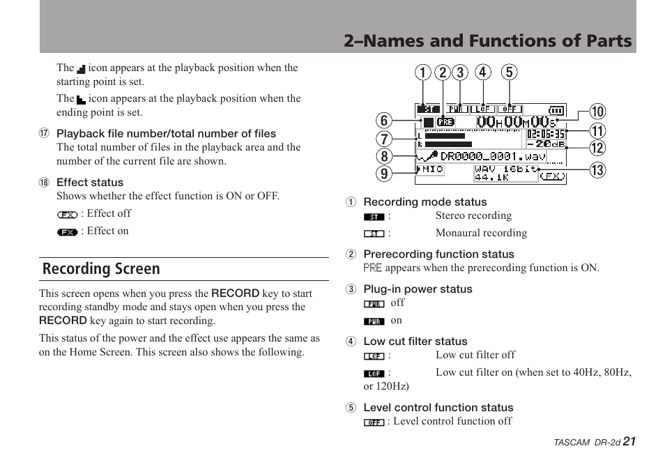 Recording screen, 2–names and functions of parts | Teac DR-2D User Manual | Page 21 / 88