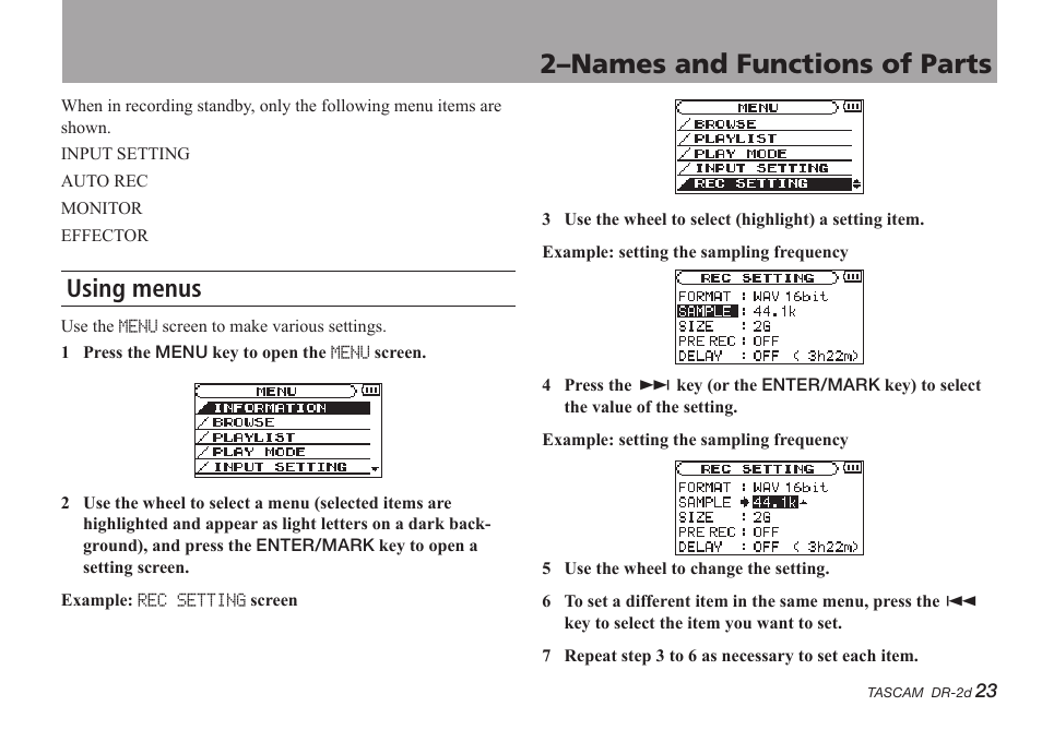 Using menus, 2–names and functions of parts | Teac DR-2D User Manual | Page 23 / 88