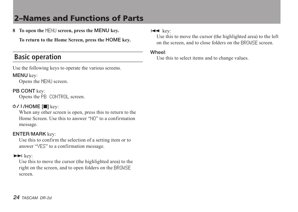 Basic operation, 2–names and functions of parts | Teac DR-2D User Manual | Page 24 / 88