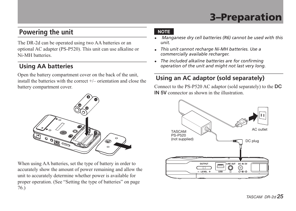 3–preparation, Powering the unit, Using aa batteries | Using an ac adaptor (sold separately) | Teac DR-2D User Manual | Page 25 / 88