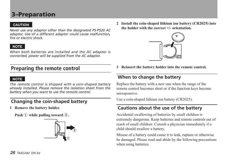 Preparing the remote control, Changing the coin-shaped battery, When to change the battery | Cautions about the use of the battery, 3–preparation | Teac DR-2D User Manual | Page 26 / 88