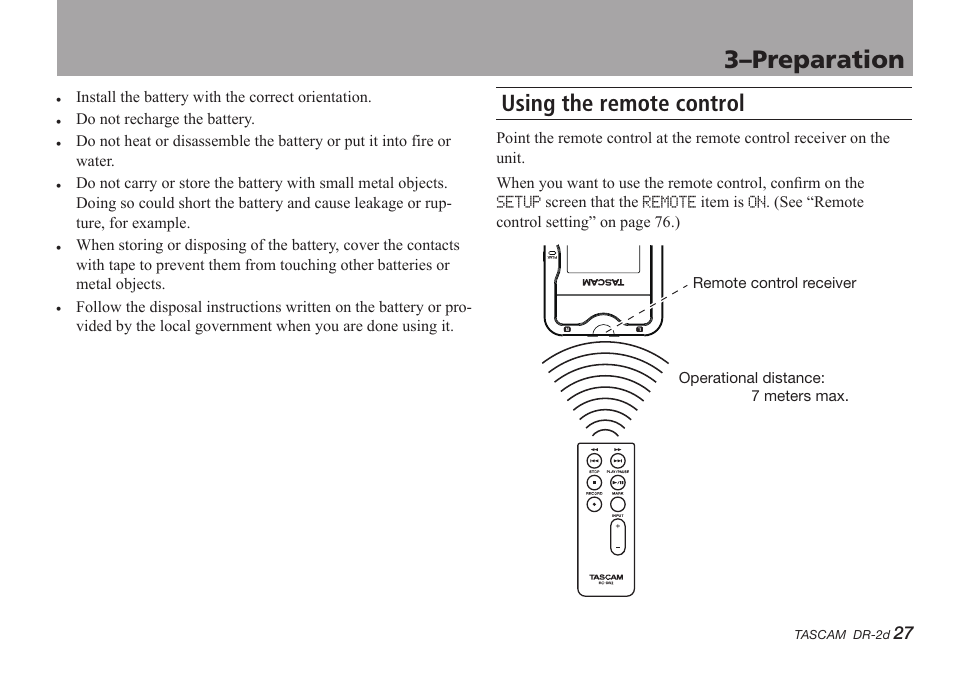 Using the remote control, 3–preparation | Teac DR-2D User Manual | Page 27 / 88