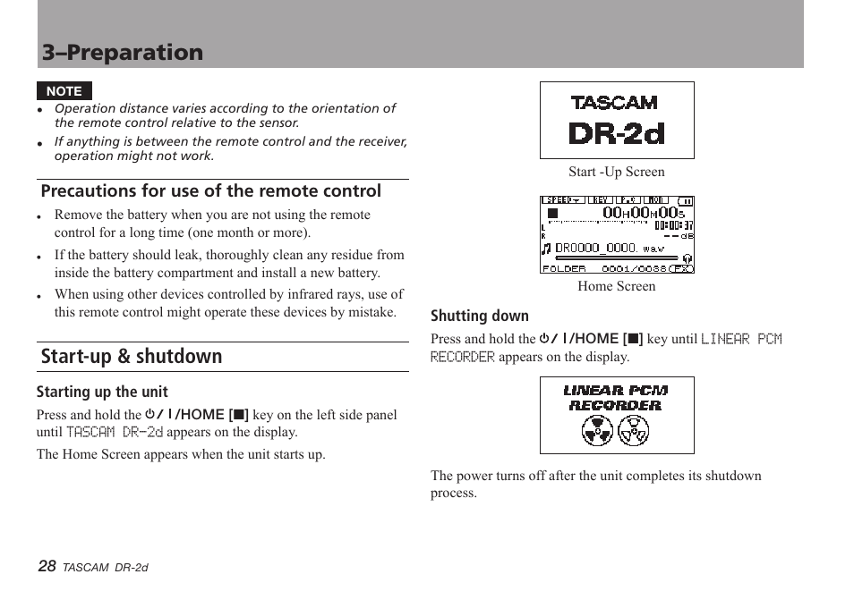 Precautions for use of the remote control, Start-up & shutdown, 3–preparation | Teac DR-2D User Manual | Page 28 / 88