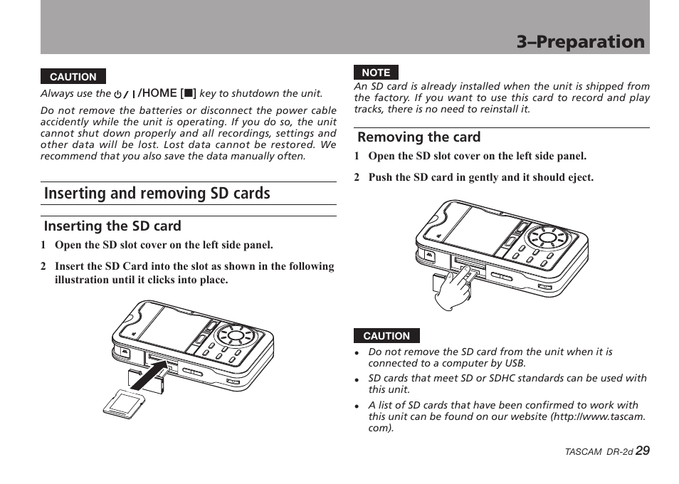 Inserting and removing sd cards, Inserting the sd card, Removing the card | 3–preparation | Teac DR-2D User Manual | Page 29 / 88