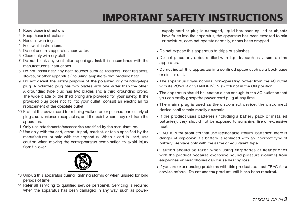 Important safety instructions | Teac DR-2D User Manual | Page 3 / 88