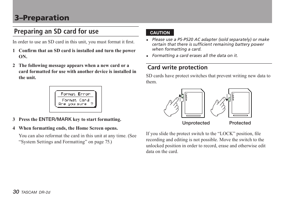 Preparing an sd card for use, Card write protection, 3–preparation | Teac DR-2D User Manual | Page 30 / 88