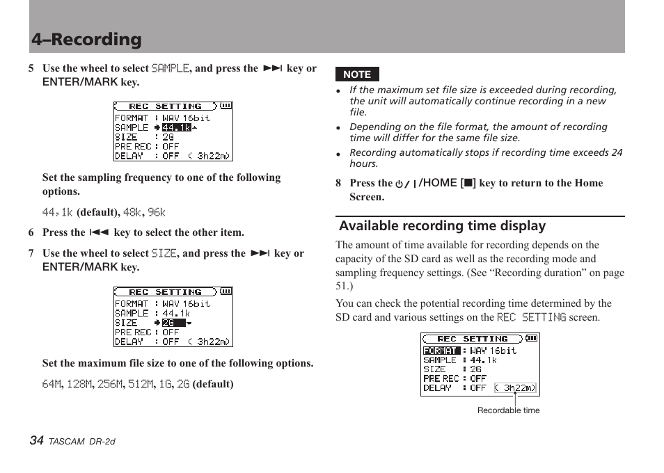 Available recording time display, 4–recording | Teac DR-2D User Manual | Page 34 / 88