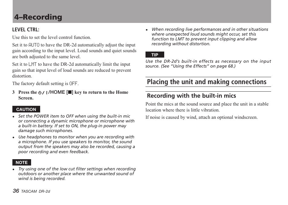 Placing the unit and making connections, Recording with the built-in mics, 4–recording | Teac DR-2D User Manual | Page 36 / 88