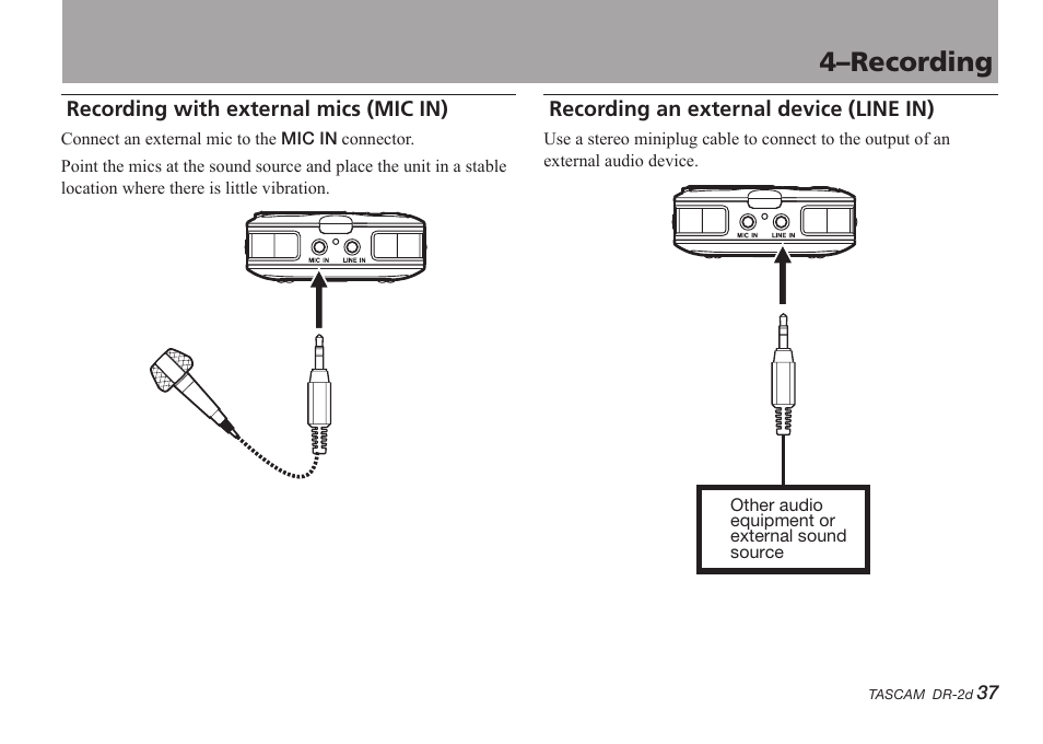 Recording with external mics (mic in), Recording an external device (line in), 4–recording | Teac DR-2D User Manual | Page 37 / 88