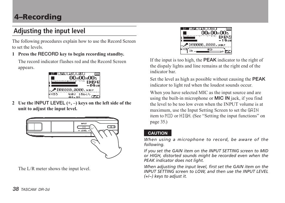 Adjusting the input level, 4–recording | Teac DR-2D User Manual | Page 38 / 88