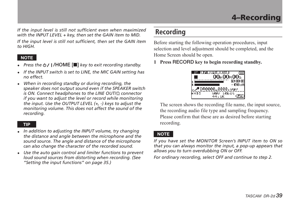 Recording, 4–recording | Teac DR-2D User Manual | Page 39 / 88