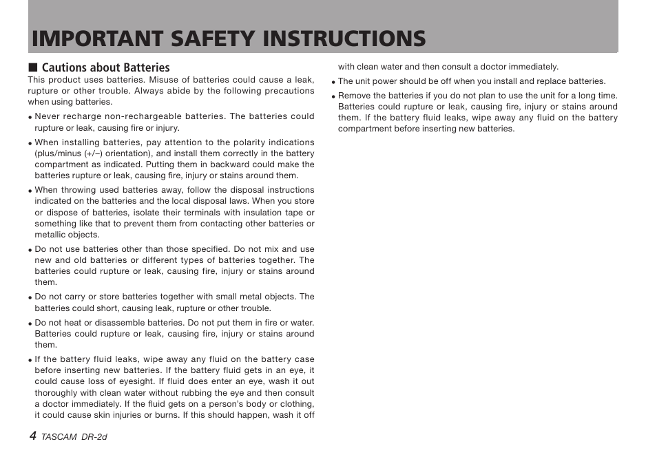 Important safety instructions | Teac DR-2D User Manual | Page 4 / 88