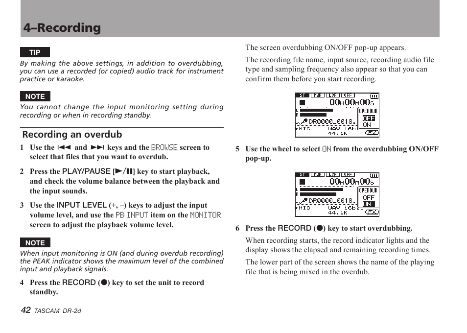 Recording an overdub, 4–recording | Teac DR-2D User Manual | Page 42 / 88