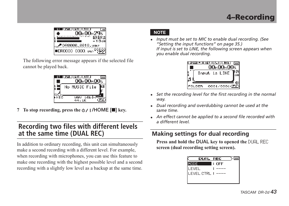 Making settings for dual recording, 4–recording | Teac DR-2D User Manual | Page 43 / 88