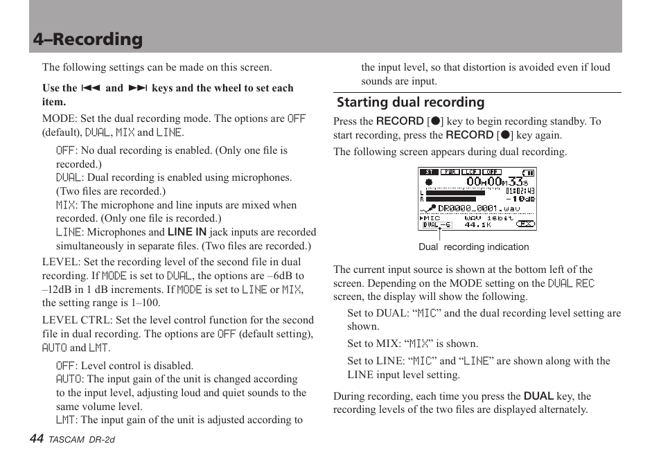 Starting dual recording, 4–recording | Teac DR-2D User Manual | Page 44 / 88