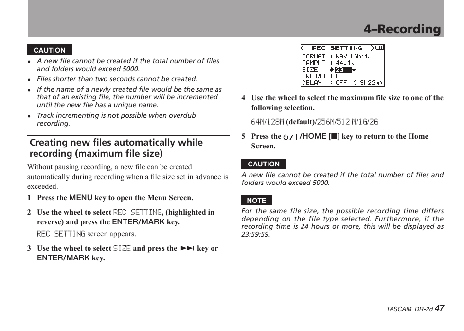 File size), 4–recording | Teac DR-2D User Manual | Page 47 / 88