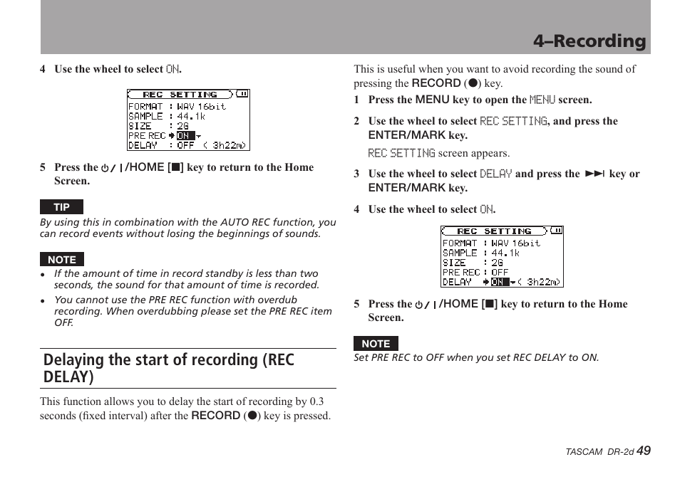 Delaying the start of recording (rec delay), 4–recording | Teac DR-2D User Manual | Page 49 / 88