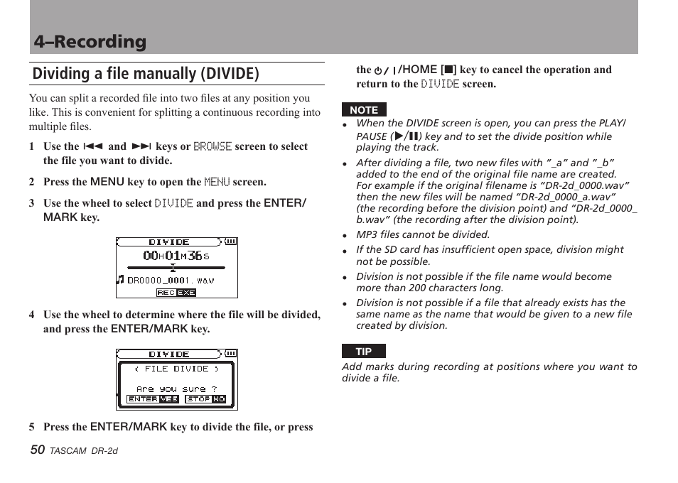 Dividing a file manually (divide), 4–recording | Teac DR-2D User Manual | Page 50 / 88