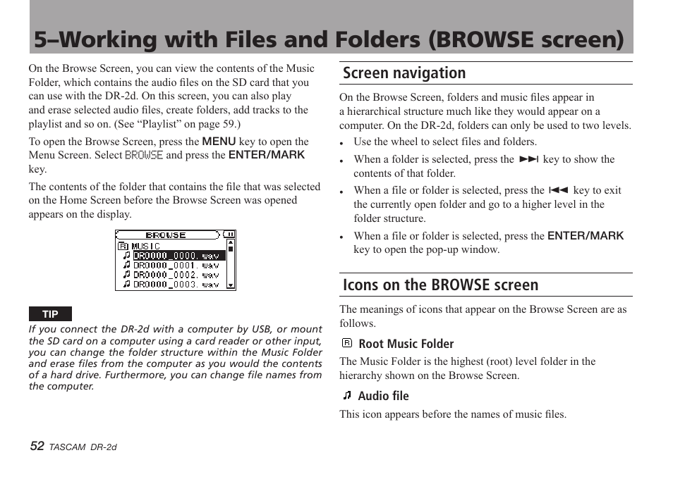 5–working with files and folders (browse screen), Screen navigation, Icons on the browse screen | 5–working with files and folders (browse, Screen), Screen navigation icons on the browse screen | Teac DR-2D User Manual | Page 52 / 88