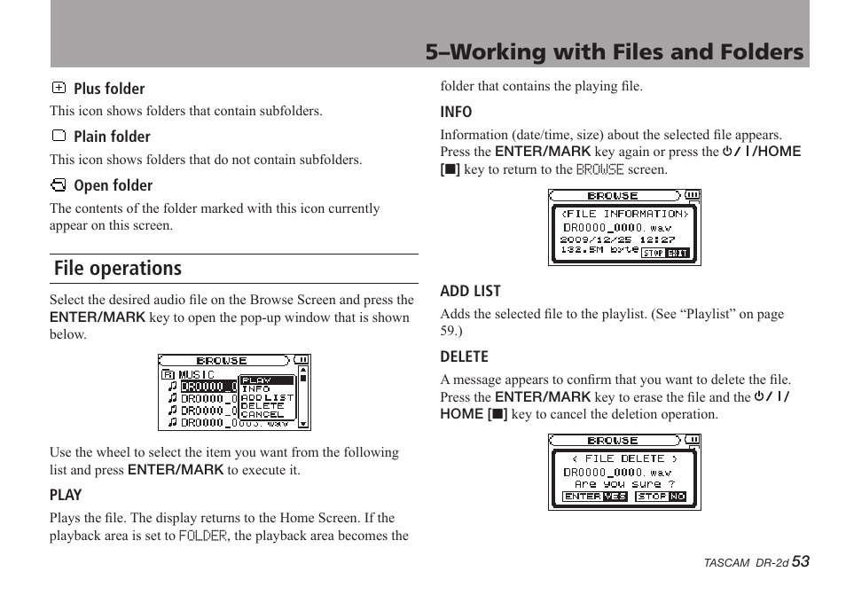 File operations, 5–working with files and folders | Teac DR-2D User Manual | Page 53 / 88