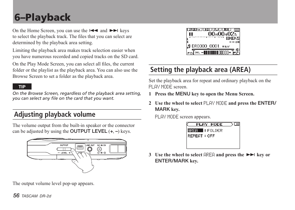 6–playback, Adjusting playback volume, Setting the playback area (area) | Teac DR-2D User Manual | Page 56 / 88