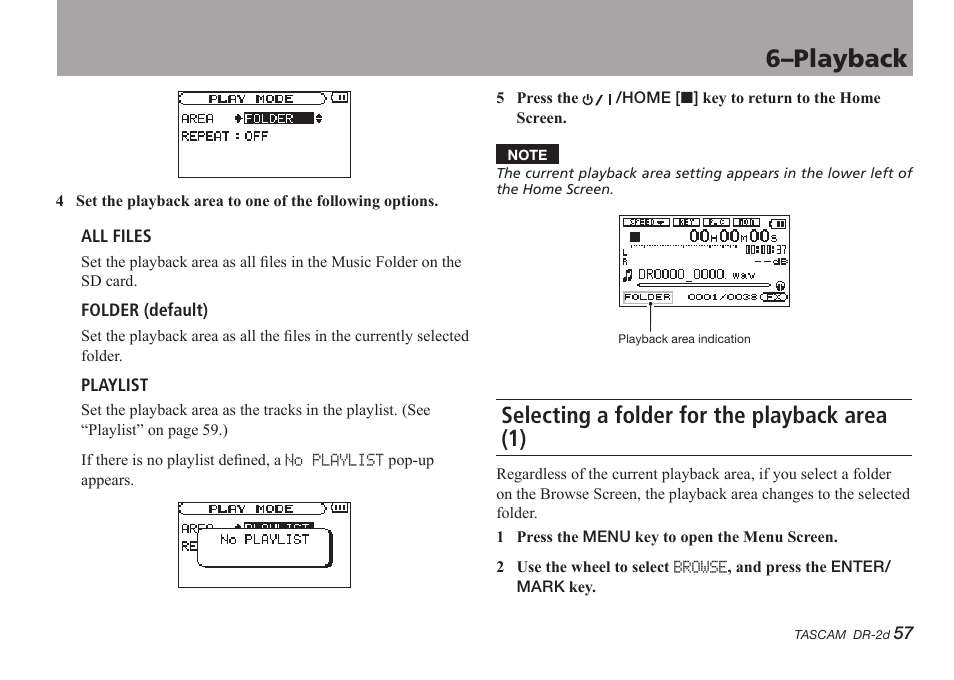 Selecting a folder for the playback area (1), 6–playback | Teac DR-2D User Manual | Page 57 / 88