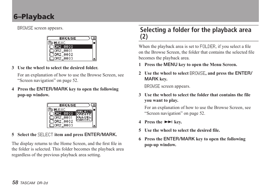 Selecting a folder for the playback area (2), 6–playback | Teac DR-2D User Manual | Page 58 / 88