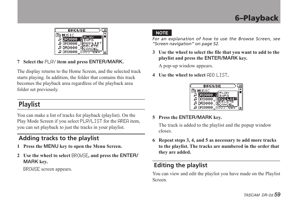 Playlist, Adding tracks to the playlist, Editing the playlist | 6–playback | Teac DR-2D User Manual | Page 59 / 88