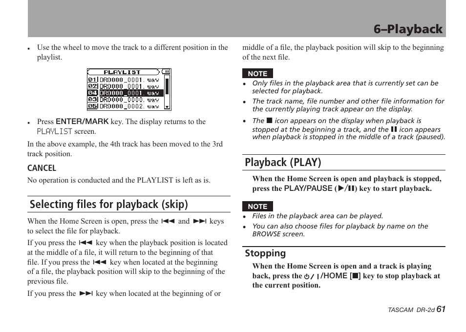 Selecting files for playback (skip), Playback (play), Stopping | 6–playback | Teac DR-2D User Manual | Page 61 / 88