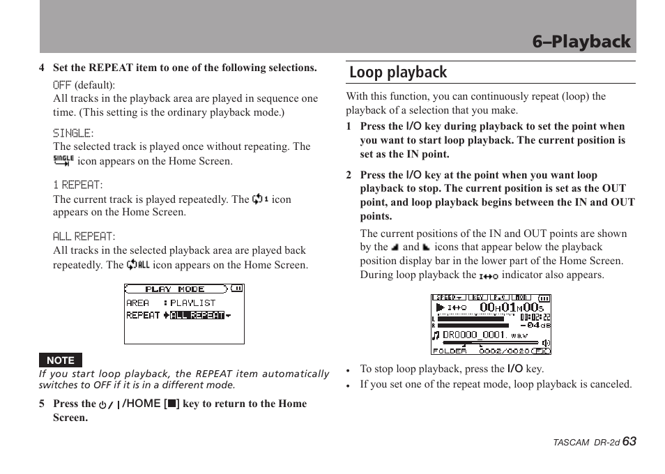 Loop playback, 6–playback | Teac DR-2D User Manual | Page 63 / 88