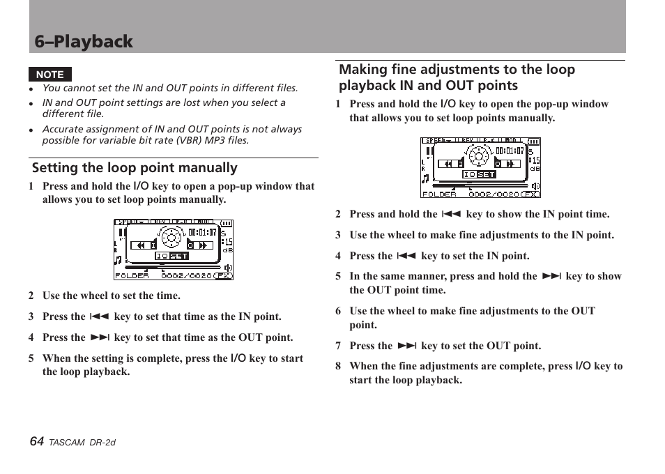 Setting the loop point manually, Points, 6–playback | Teac DR-2D User Manual | Page 64 / 88