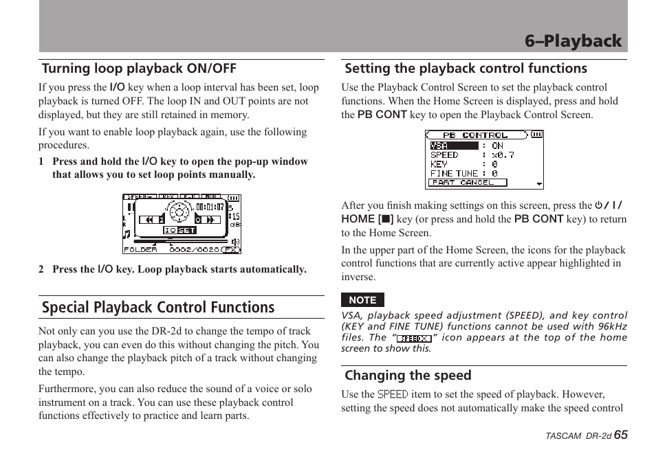 Turning loop playback on/off, Special playback control functions, Setting the playback control functions | Changing the speed, 6–playback | Teac DR-2D User Manual | Page 65 / 88