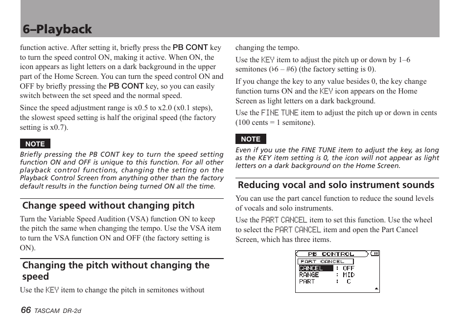 Change speed without changing pitch, Changing the pitch without changing the speed, Reducing vocal and solo instrument sounds | 6–playback | Teac DR-2D User Manual | Page 66 / 88