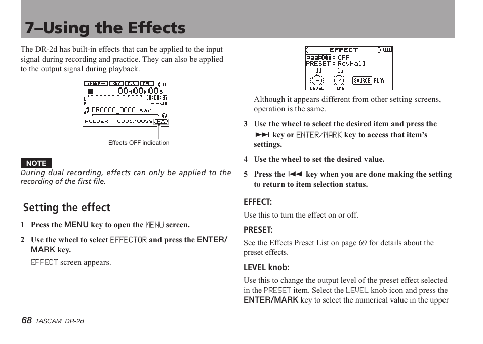 7–using the effects, Setting the effect | Teac DR-2D User Manual | Page 68 / 88