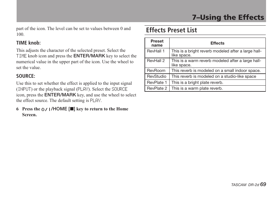 Effects preset list, 7–using the effects | Teac DR-2D User Manual | Page 69 / 88