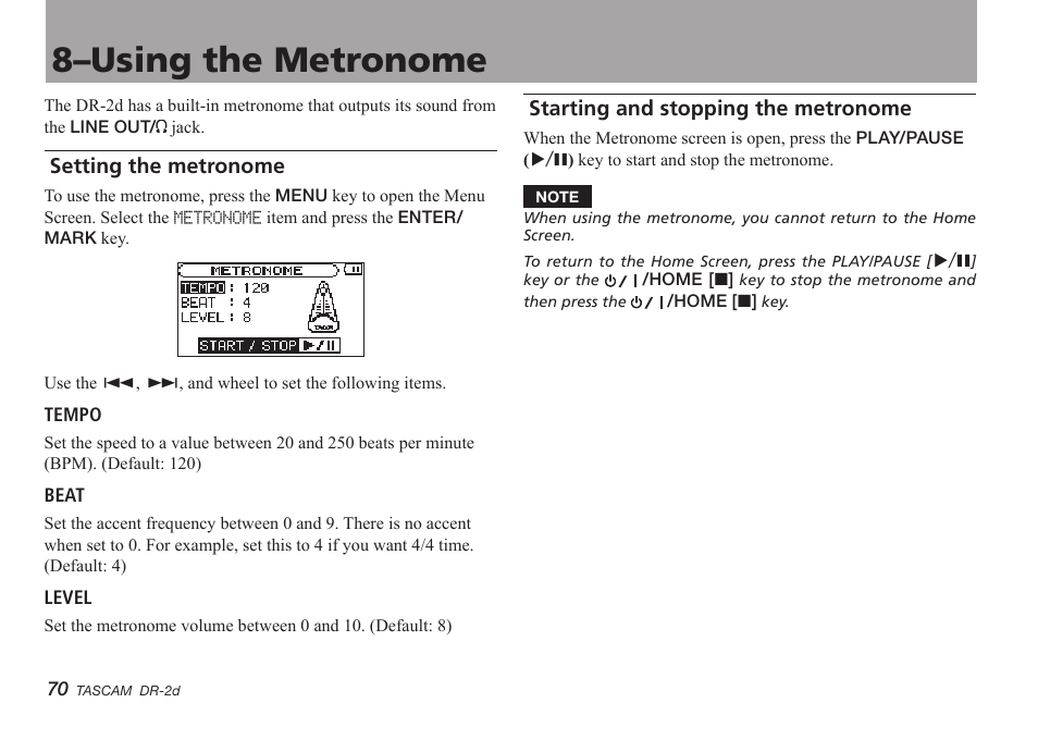 8–using the metronome, Setting the metronome, Starting and stopping the metronome | Teac DR-2D User Manual | Page 70 / 88