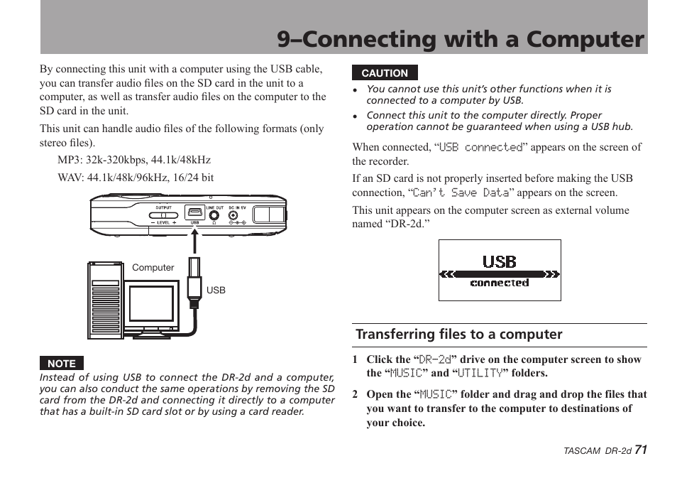 9–connecting with a computer, Transferring files to a computer | Teac DR-2D User Manual | Page 71 / 88