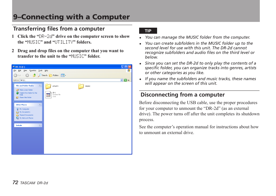 Transferring files from a computer, Disconnecting from a computer, 9–connecting with a computer | Teac DR-2D User Manual | Page 72 / 88