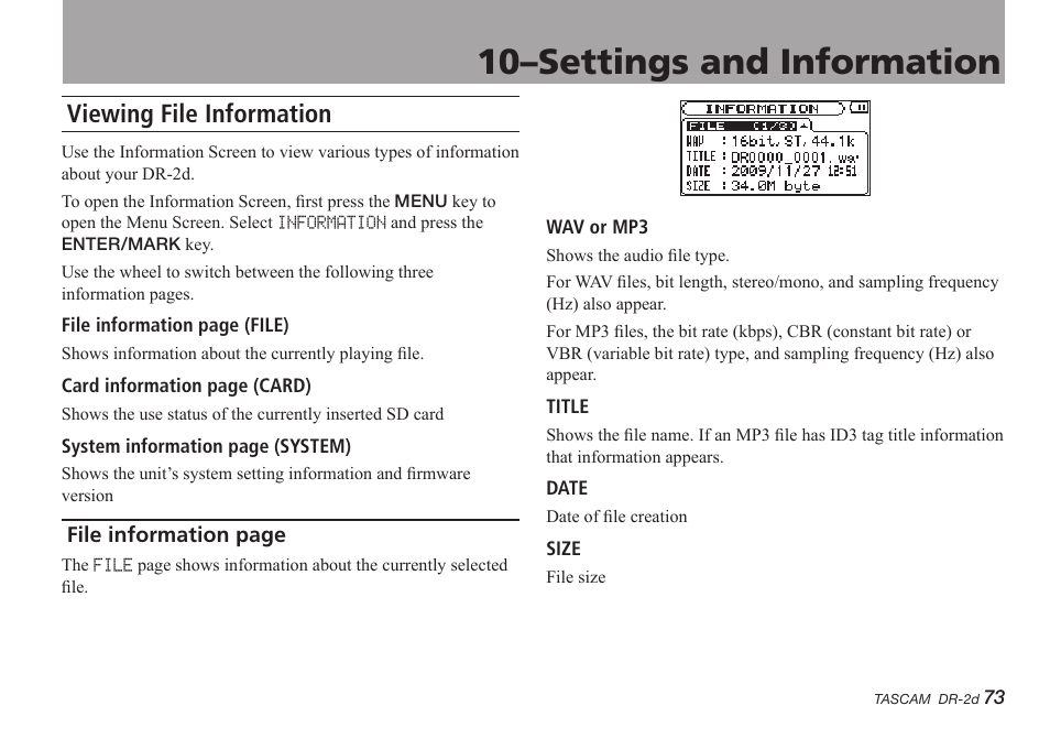 10–settings and information, Viewing file information | Teac DR-2D User Manual | Page 73 / 88