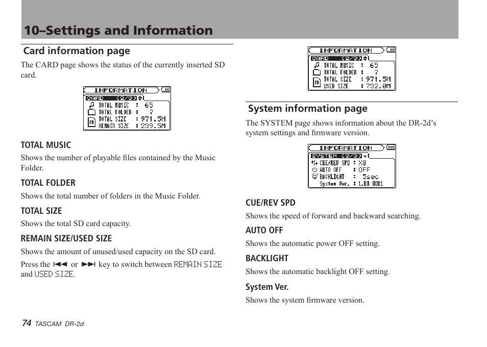 10–settings and information | Teac DR-2D User Manual | Page 74 / 88