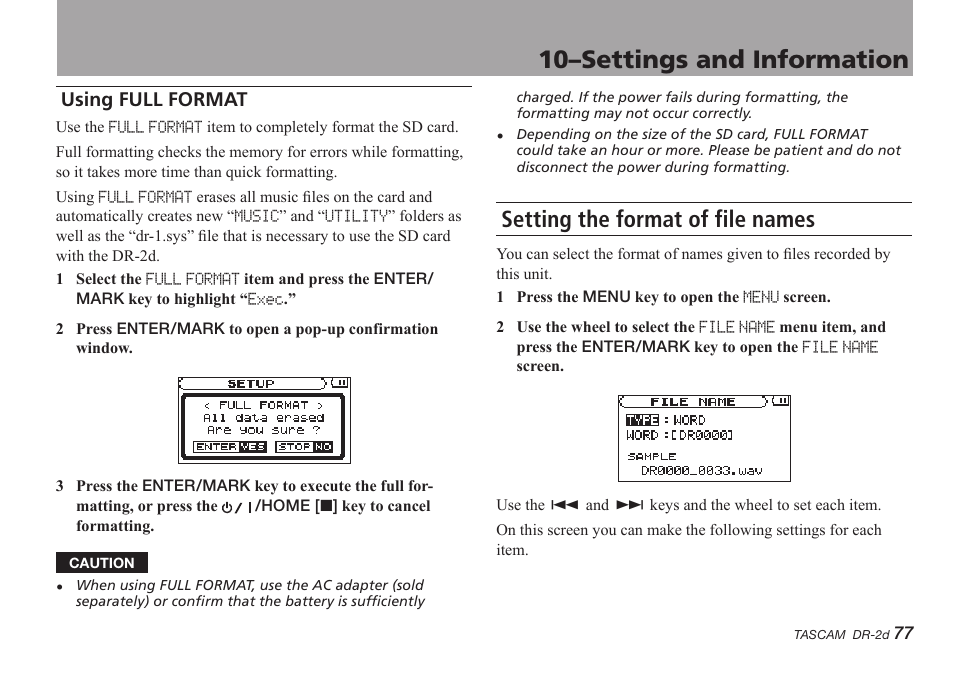 Using full format, Setting the format of file names, 10–settings and information | Teac DR-2D User Manual | Page 77 / 88