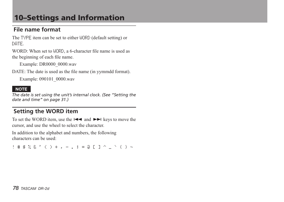 File name format, Setting the word item, 10–settings and information | Teac DR-2D User Manual | Page 78 / 88